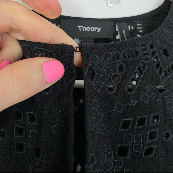 Theory Eyelet Top Blouse Womens Small Black Embroidered Shirt Tunic Short Sleeve - Picture 9 of 13